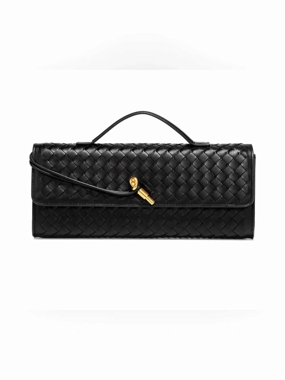 NWT Black Woven Vegan Leather Top-Handle Clutch with Gold Accent